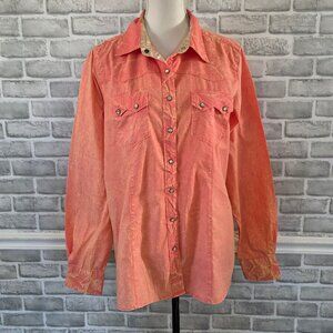 Cruel Denim Pearl Snap Western Shirt Coral Acid Wash Marble Cotton XXL